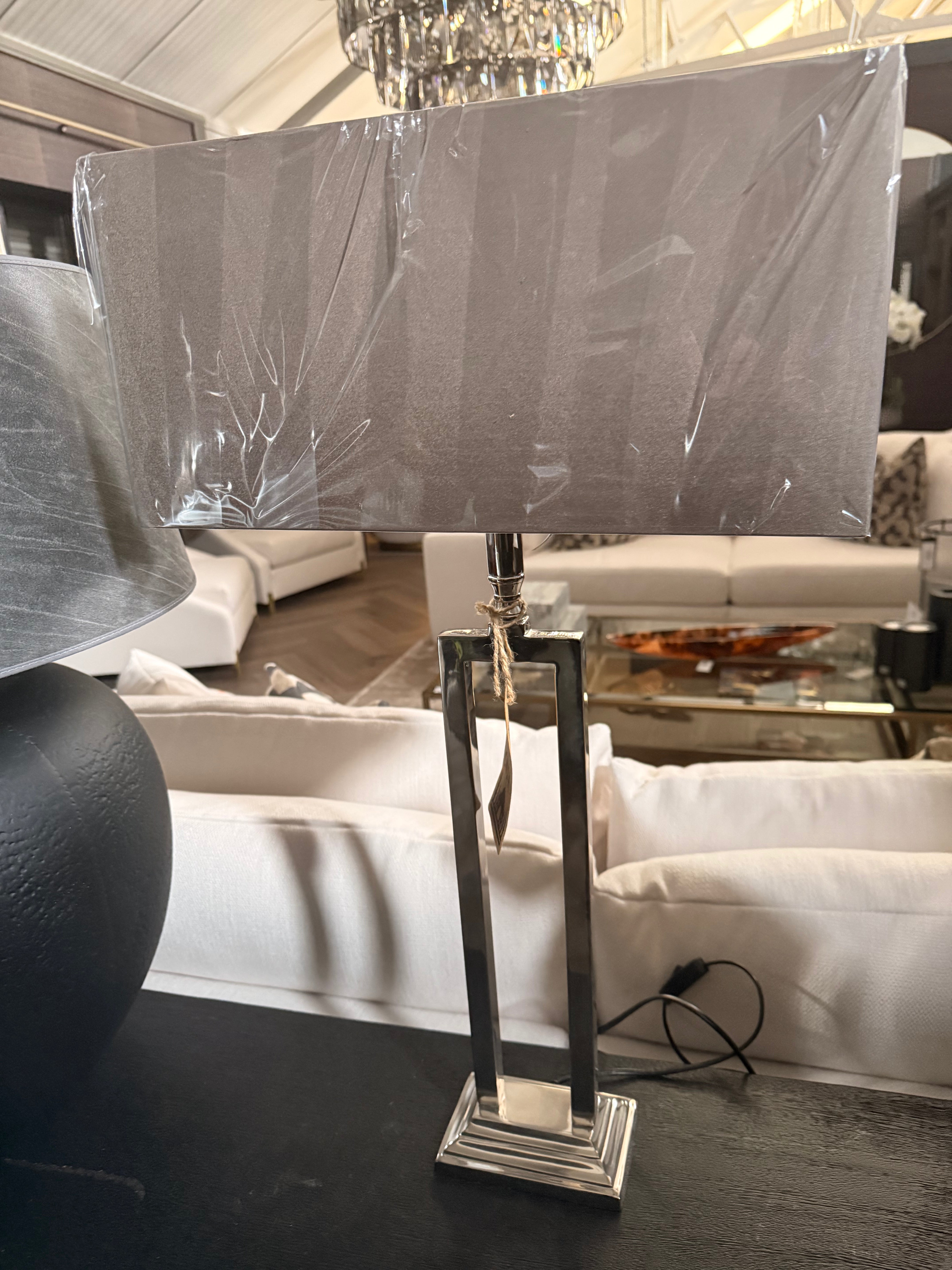 Kasmire tall nickel lamp w black shade . Buy Instore