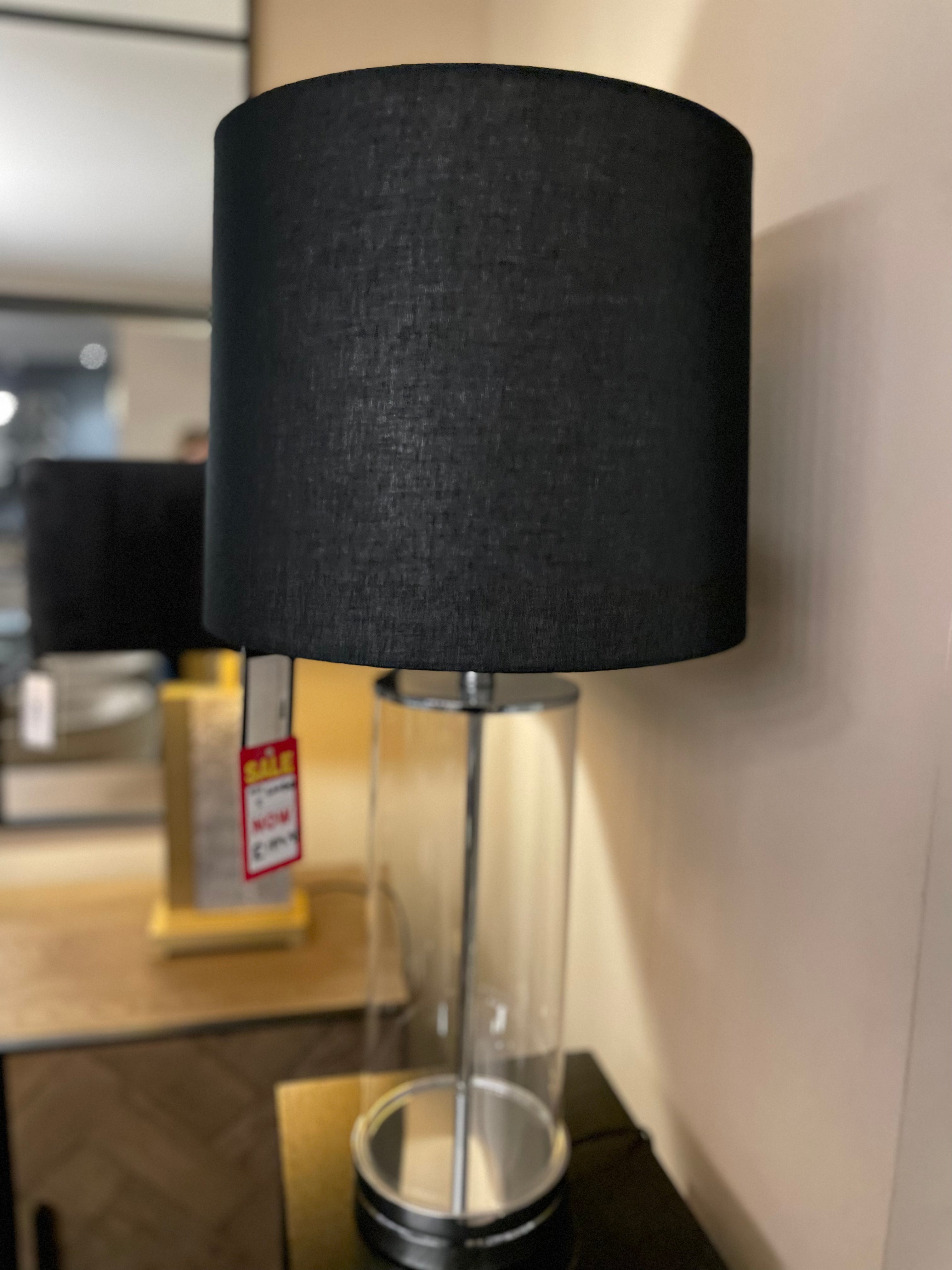 Ludo designer lamp with cylinder clear base and black shade pick up only