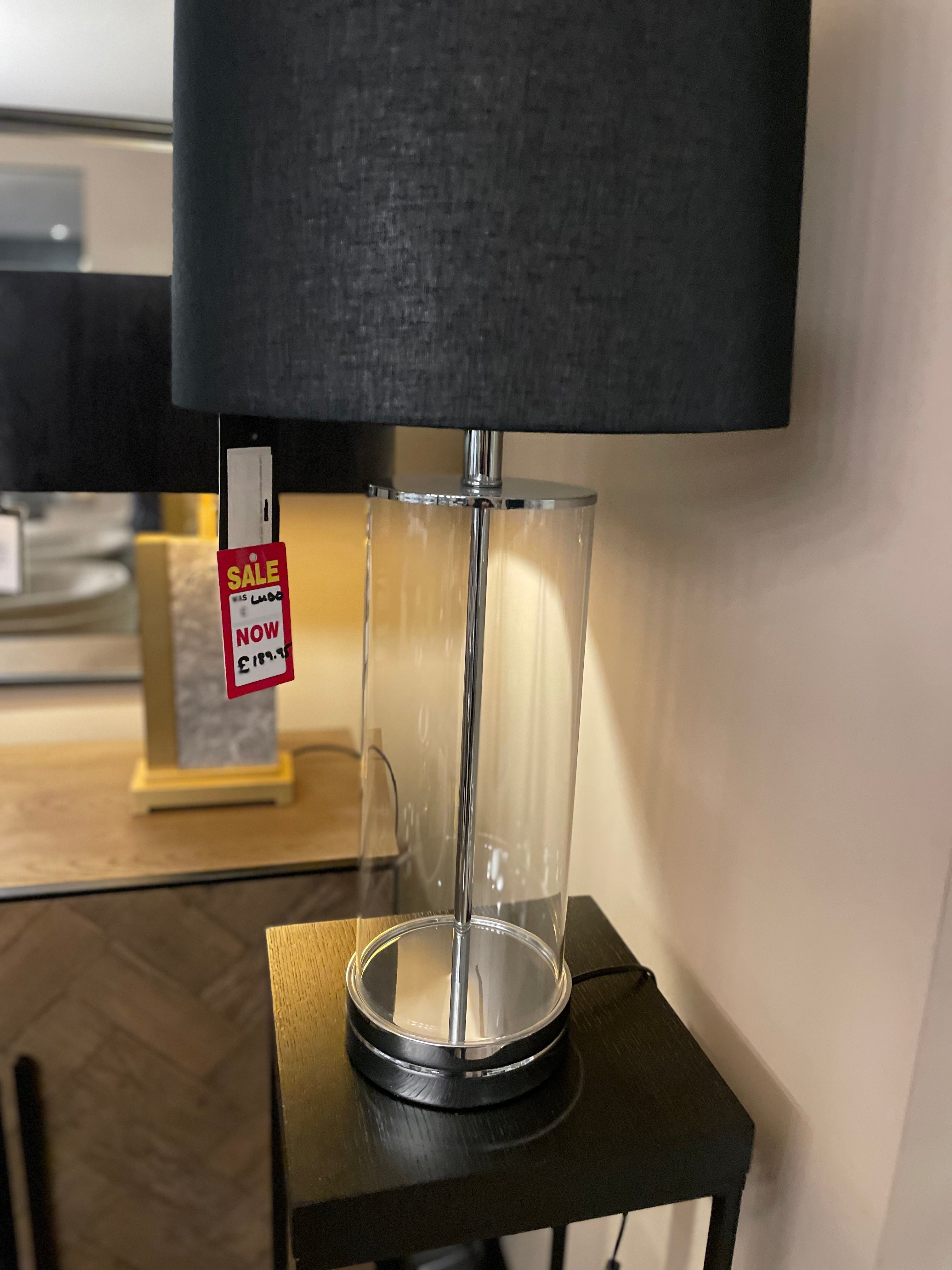 Ludo designer lamp with cylinder clear base and black shade pick up only