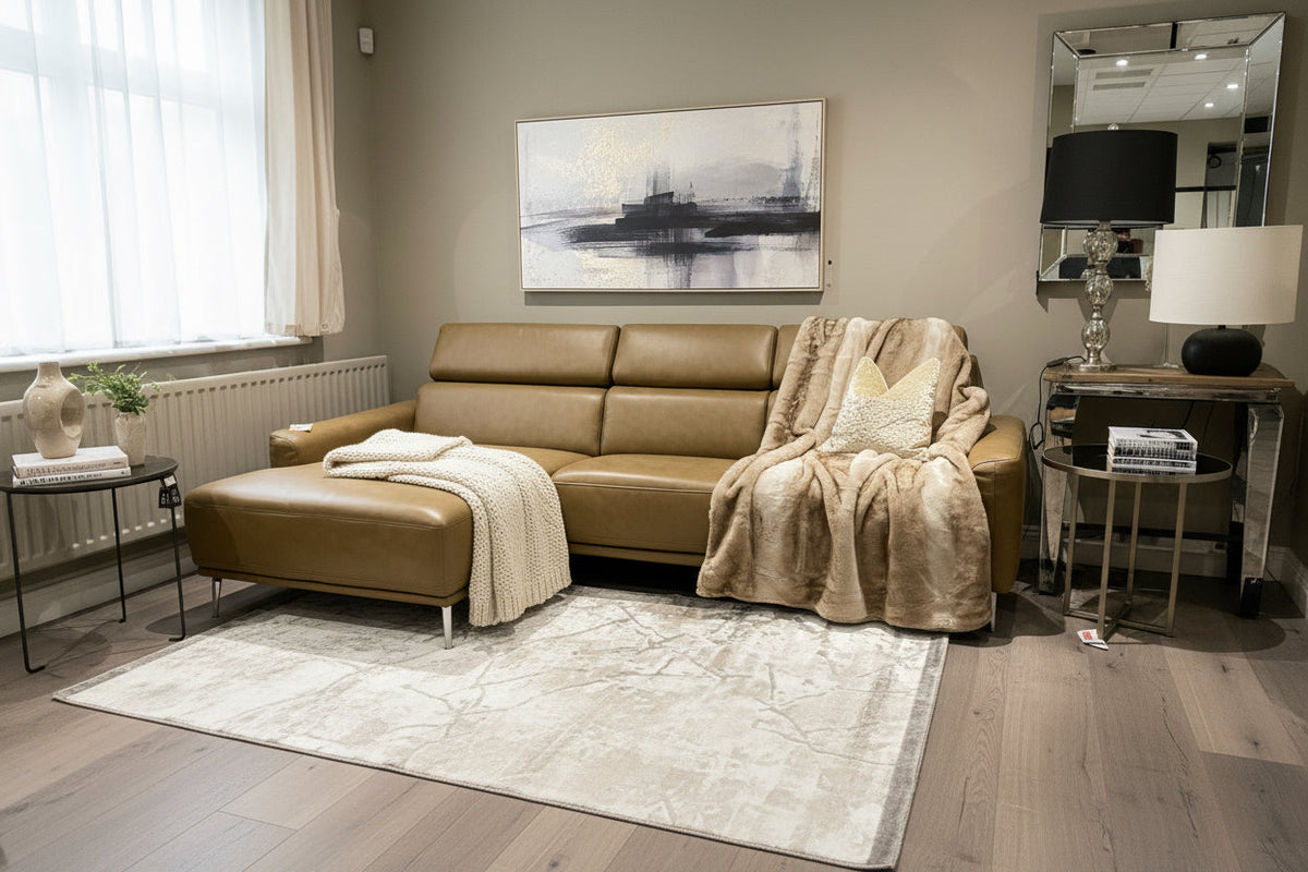 Mezanna Tan leather chaise corner sofa less than half price! One only sold as seen