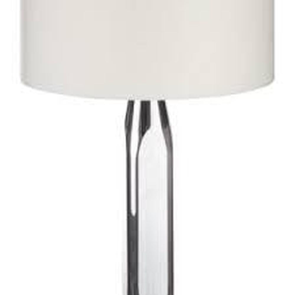 Agen table lamp with smoked glass base, brushed nickel accents, and a white fabric shade.