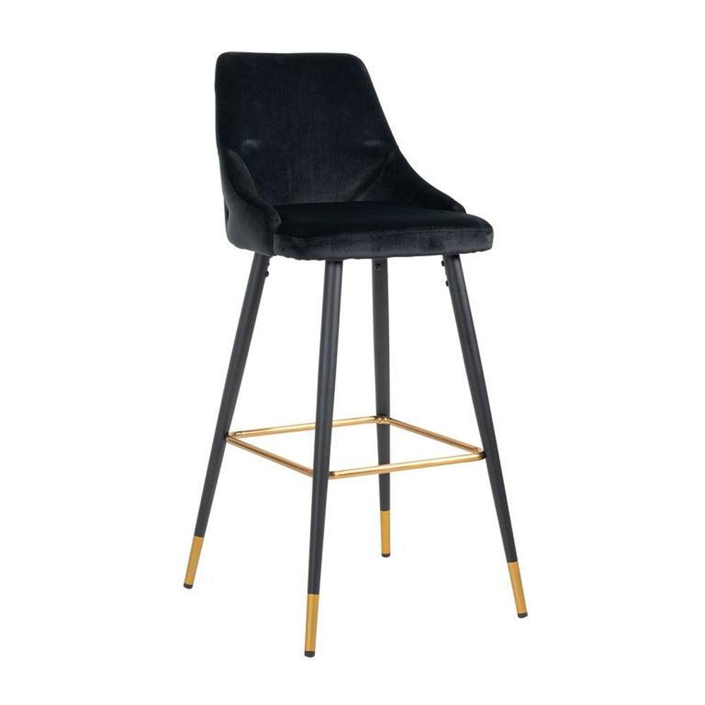 Airmani black velvet bar stool with metal legs, black finish, and gold accents.