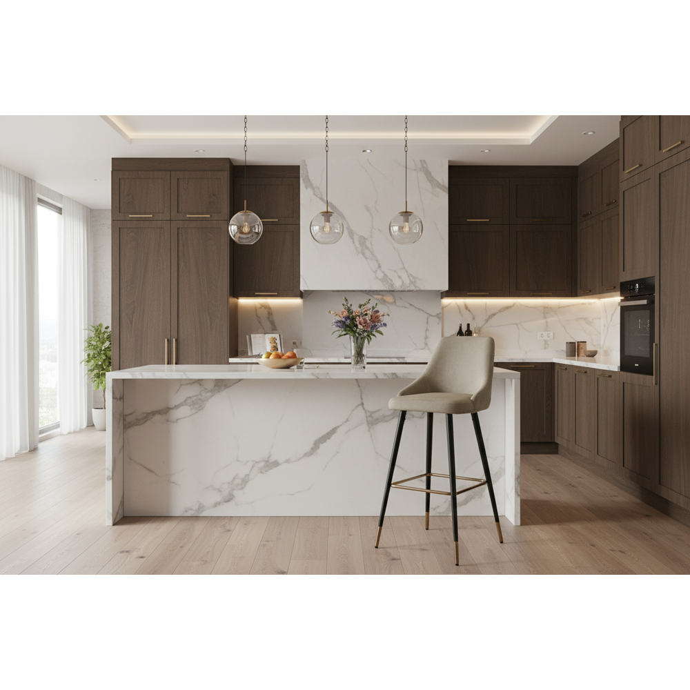 Airmani khaki velvet bar stool with black and gold metal legs in a modern kitchen.