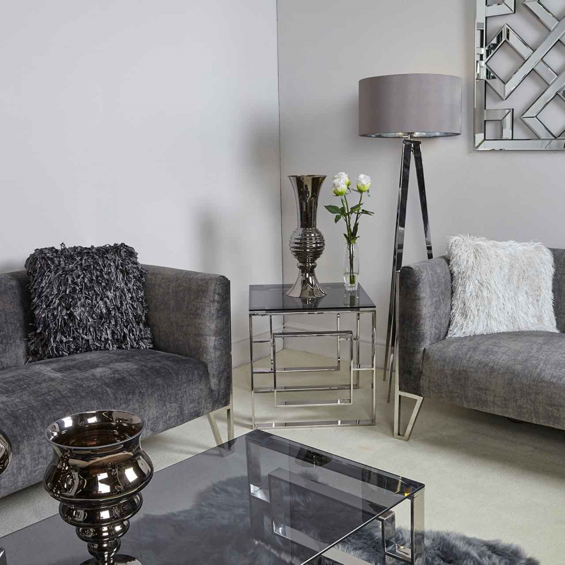 Alannah Apex chrome side end table with smoked glass top CLEARANCE NETT