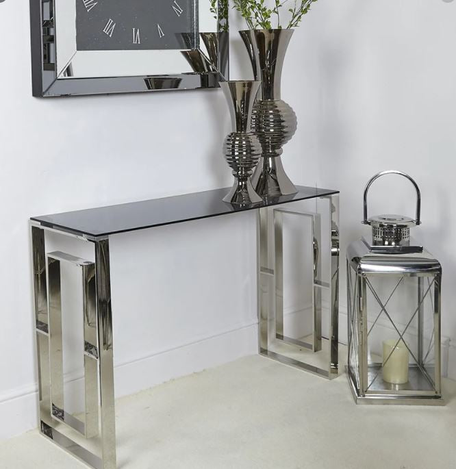 Alannah Apex Silver Chrome Console Table with Glass Reduced-Renaissance Design Studio