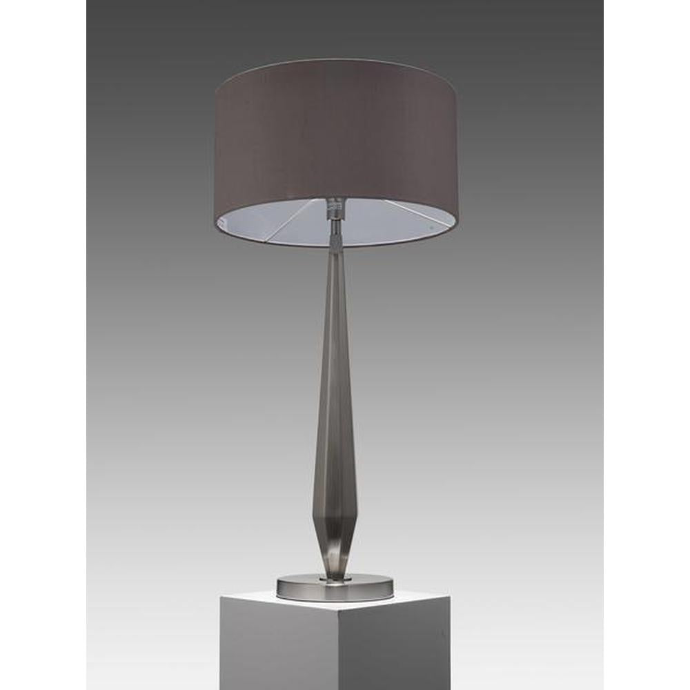 Aly table lamp with brushed nickel metal base and dark grey fabric shade.