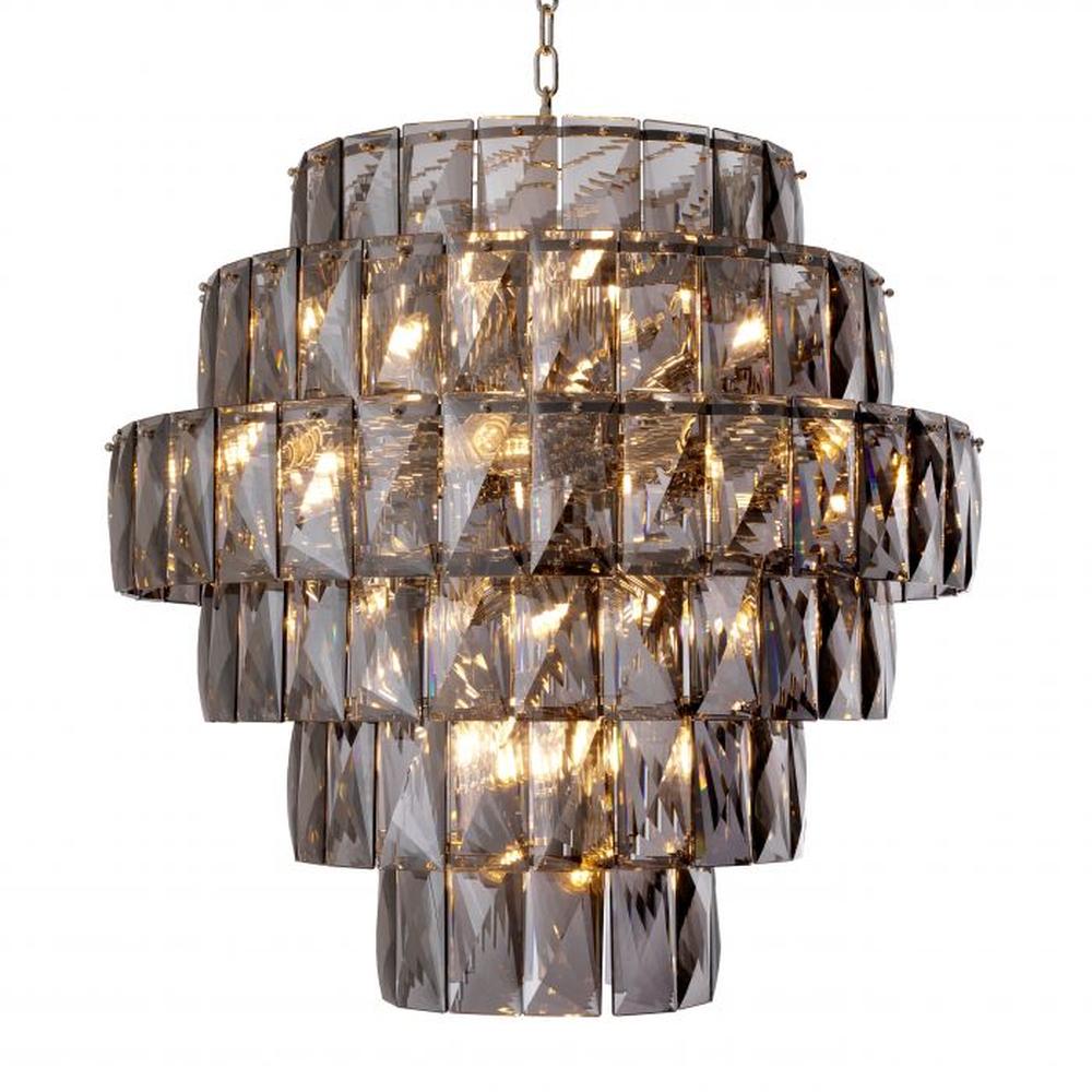 Amazone large crystal chandelier by Eichholtz, featuring tiered rectangular smoked glass crystals.