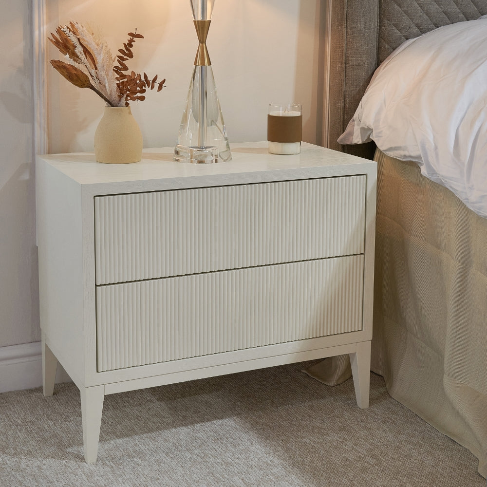 Amur wide grey bedside cabinet reduced-Renaissance Design Studio
