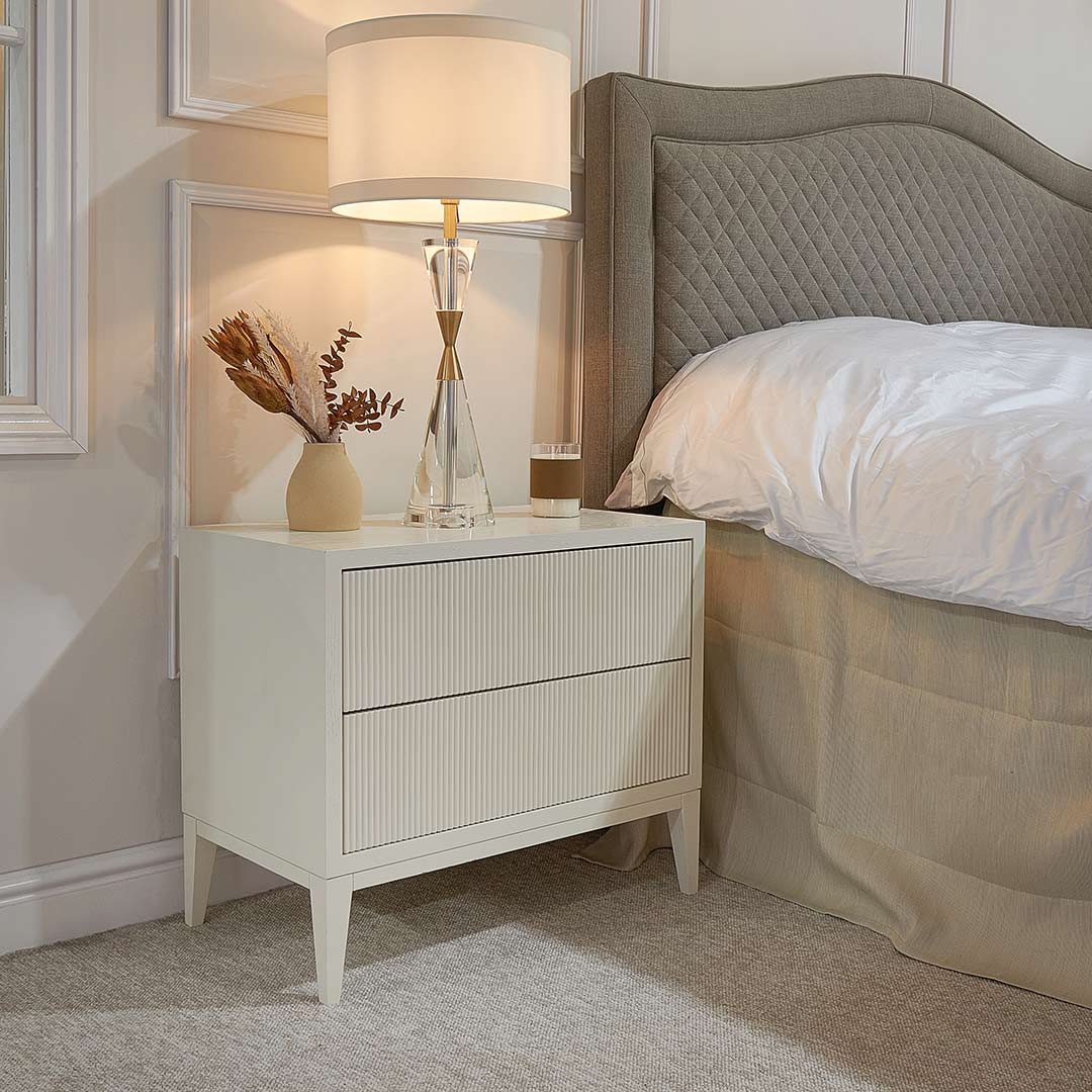Amur Wide white designer Bedside Cabinet by RV Astley reduced-Renaissance Design Studio