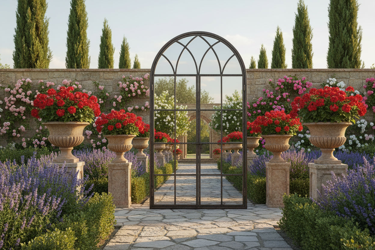 Antiqued Iron Tall XL Arch Window Distressed Finish Metal Mirror - On Sale Save €100-Renaissance Design Studio