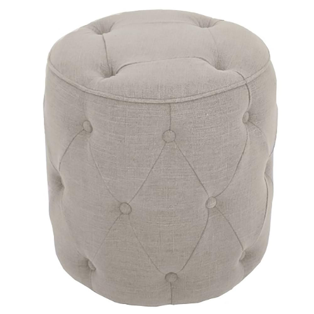 Apollosa Round Grey Linen Buttoned Footstool-Renaissance Design Studio