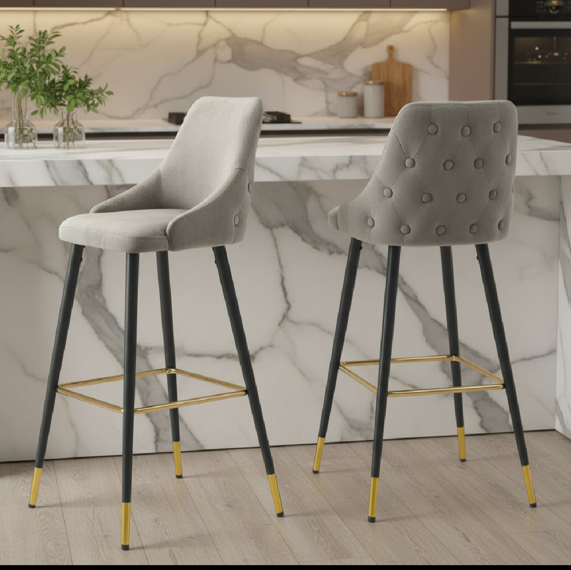 Avanza bar stool with gold cap in grey and navy .Now up to 50% off in our outlet store ! T&C apply.-Renaissance Design Studio