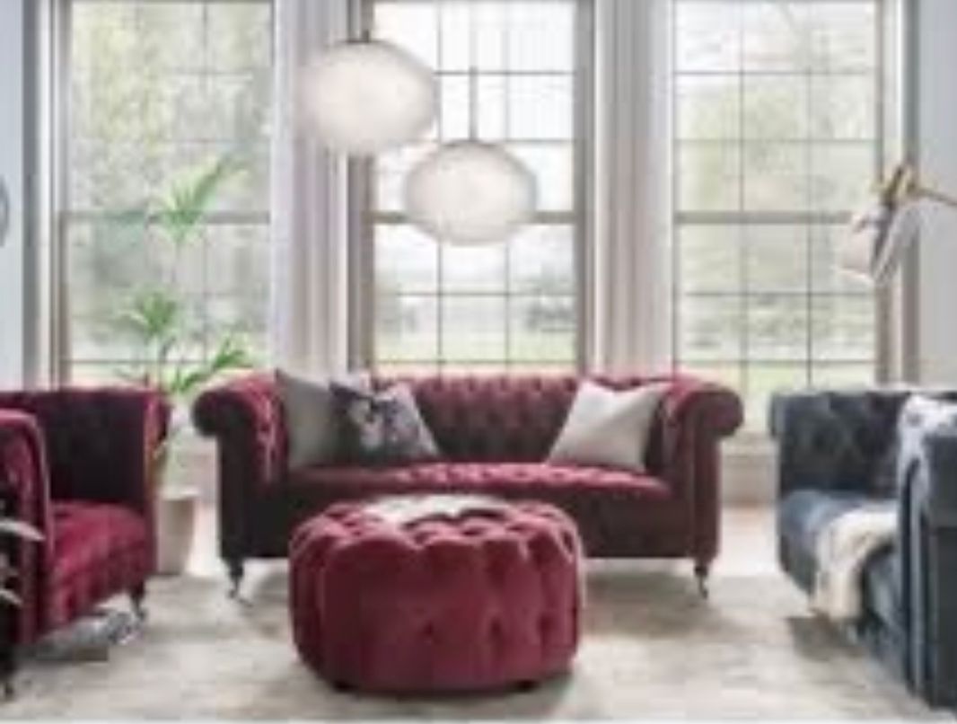Belfield chesterfield armchair and footstool in fabulous Berry . REDUCED-Renaissance Design Studio