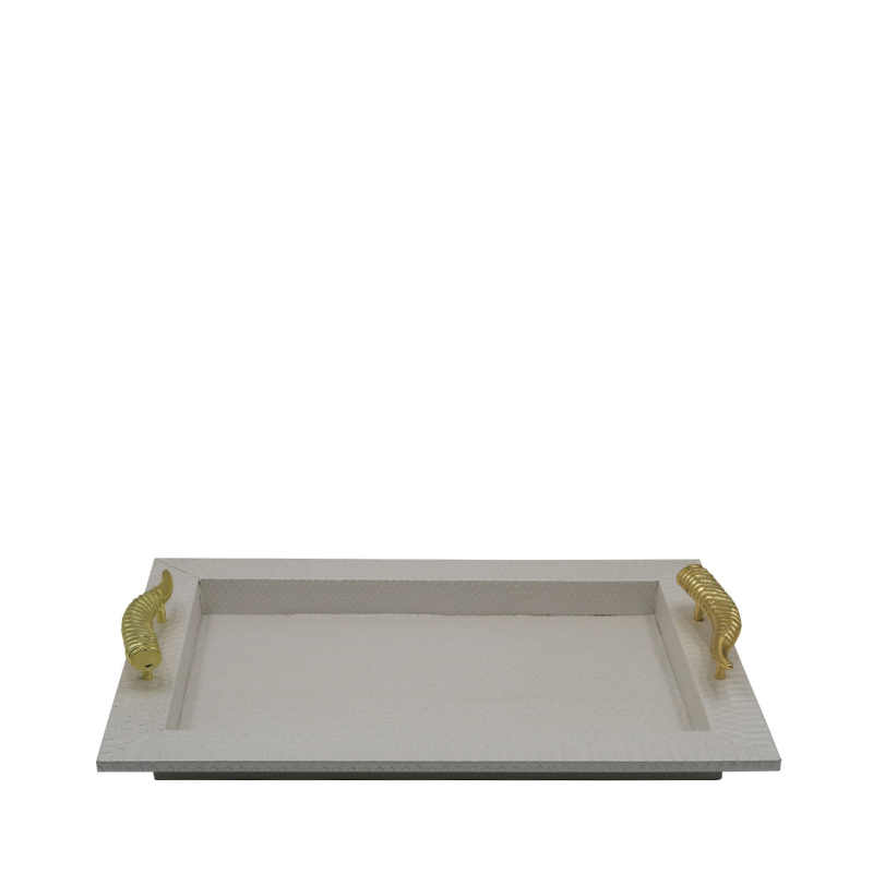 Pearl White Faux Snake Leather Tray with Gold Horn Handle-Tray-Renaissance Design Studio