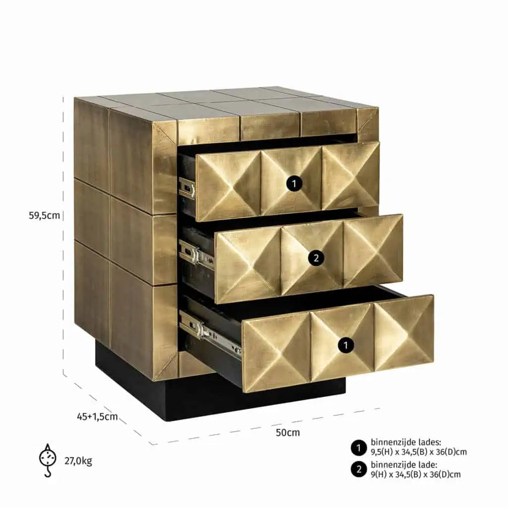 Calley Brushed Gold Bedside Locker 3 DRAWER BRUSHED GOLD-Renaissance Design Studio