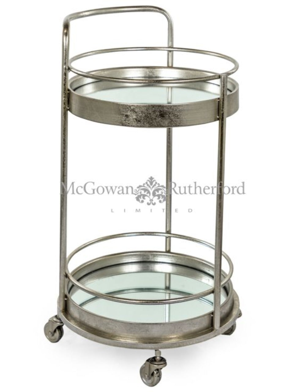 CHAMPAGNE LEAF ROUND BAR TROLLEY WITH MIRROR SHELVES reduced-Renaissance Design Studio