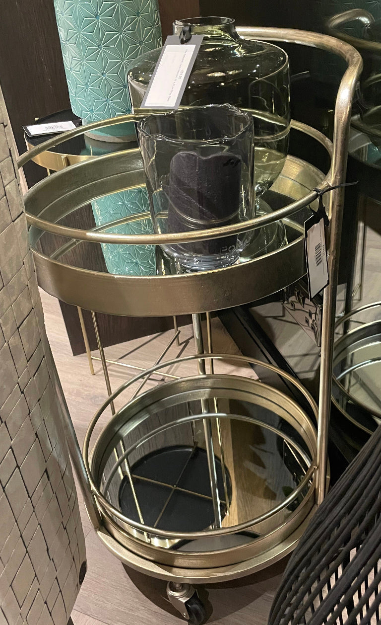 CHAMPAGNE LEAF ROUND BAR TROLLEY WITH MIRROR SHELVES reduced-Renaissance Design Studio