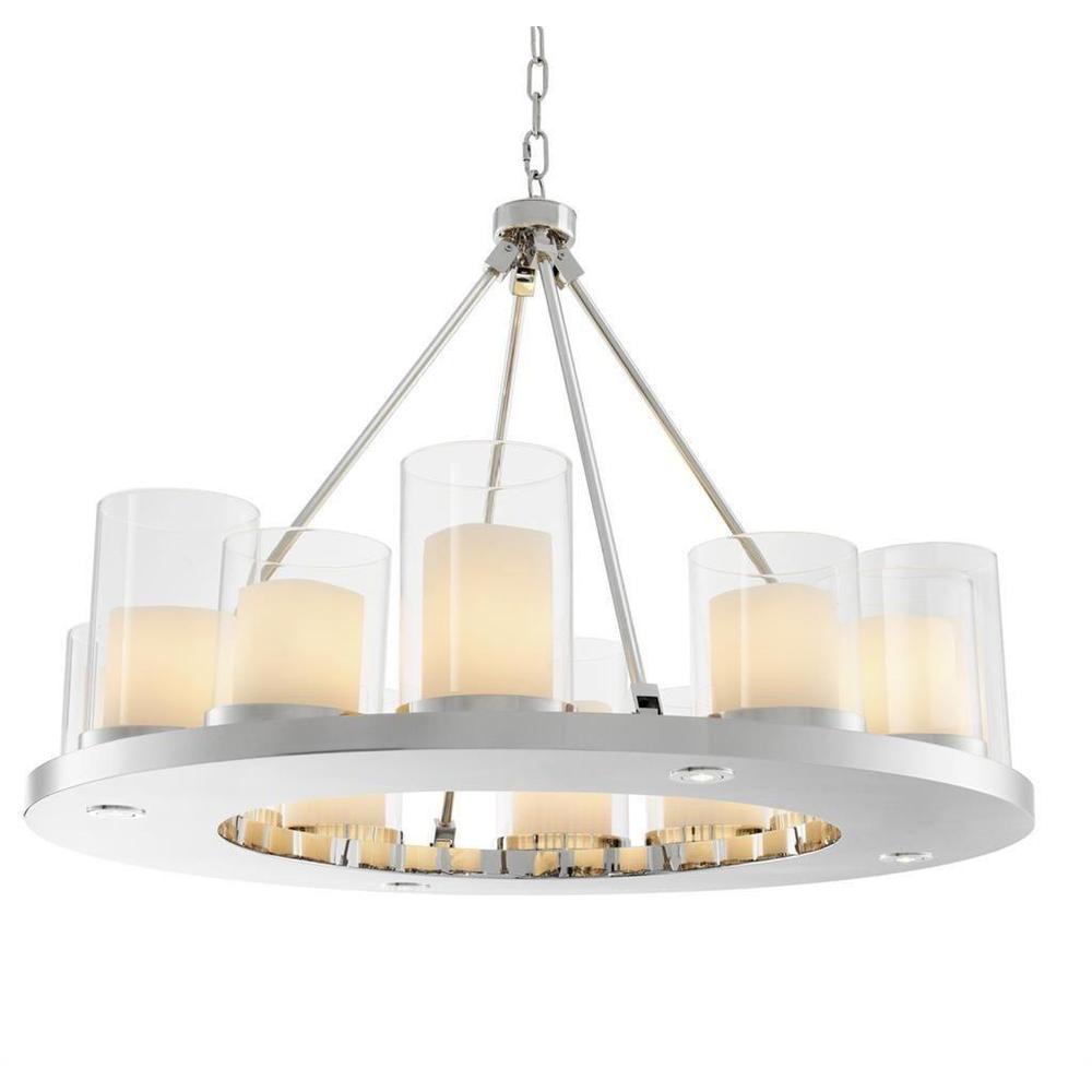 Eichholtz Summit Round chandelier: polished stainless steel, clear glass, faux candle shades, LED spots.