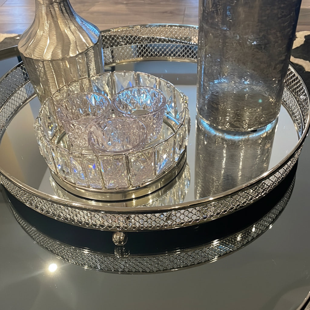 Clarins extra Large Round Nickel Plated Mirror Tray reduced less than half price-Renaissance Design Studio