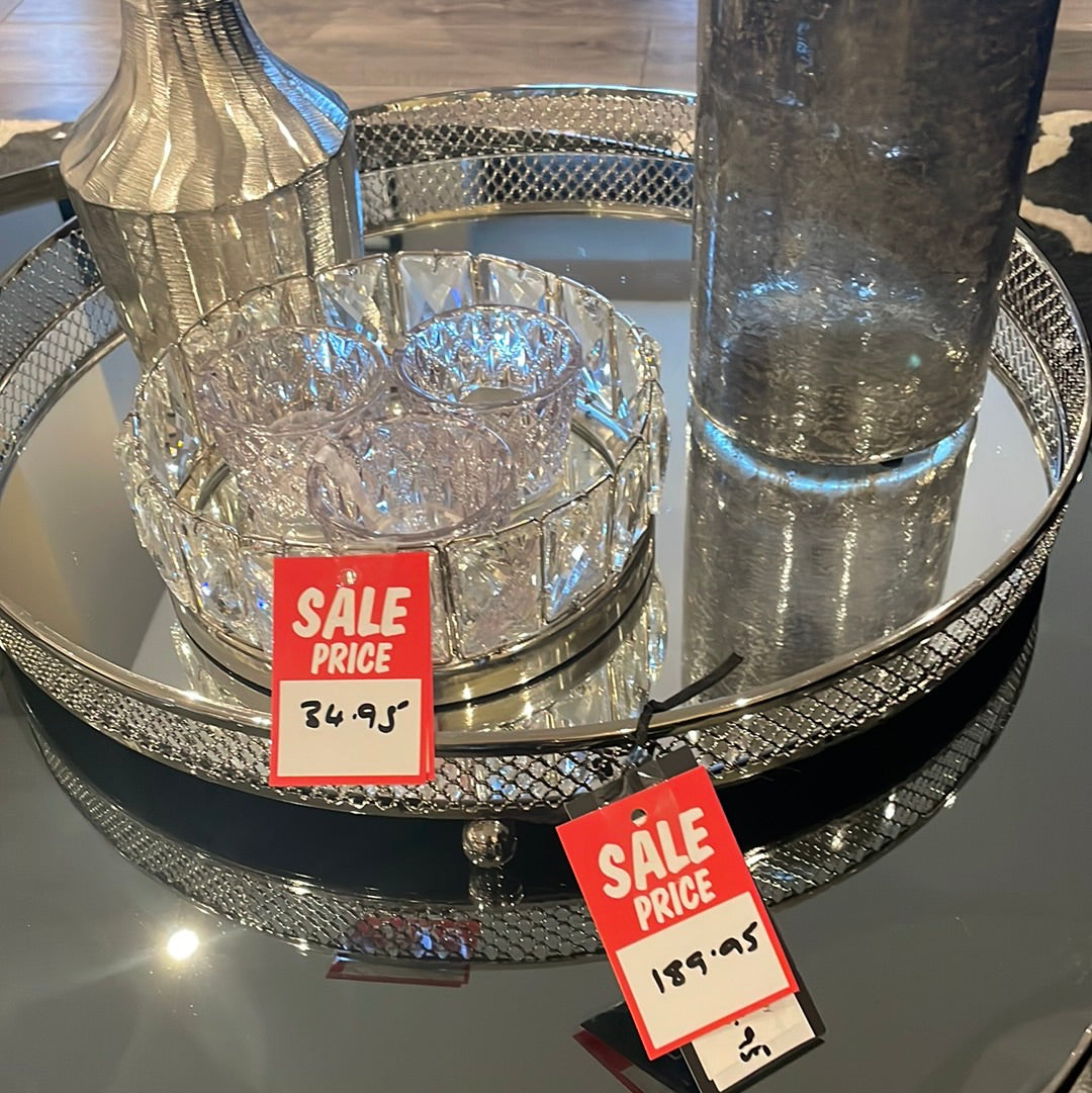 Clarins extra Large Round Nickel Plated Mirror Tray reduced less than half price-Renaissance Design Studio