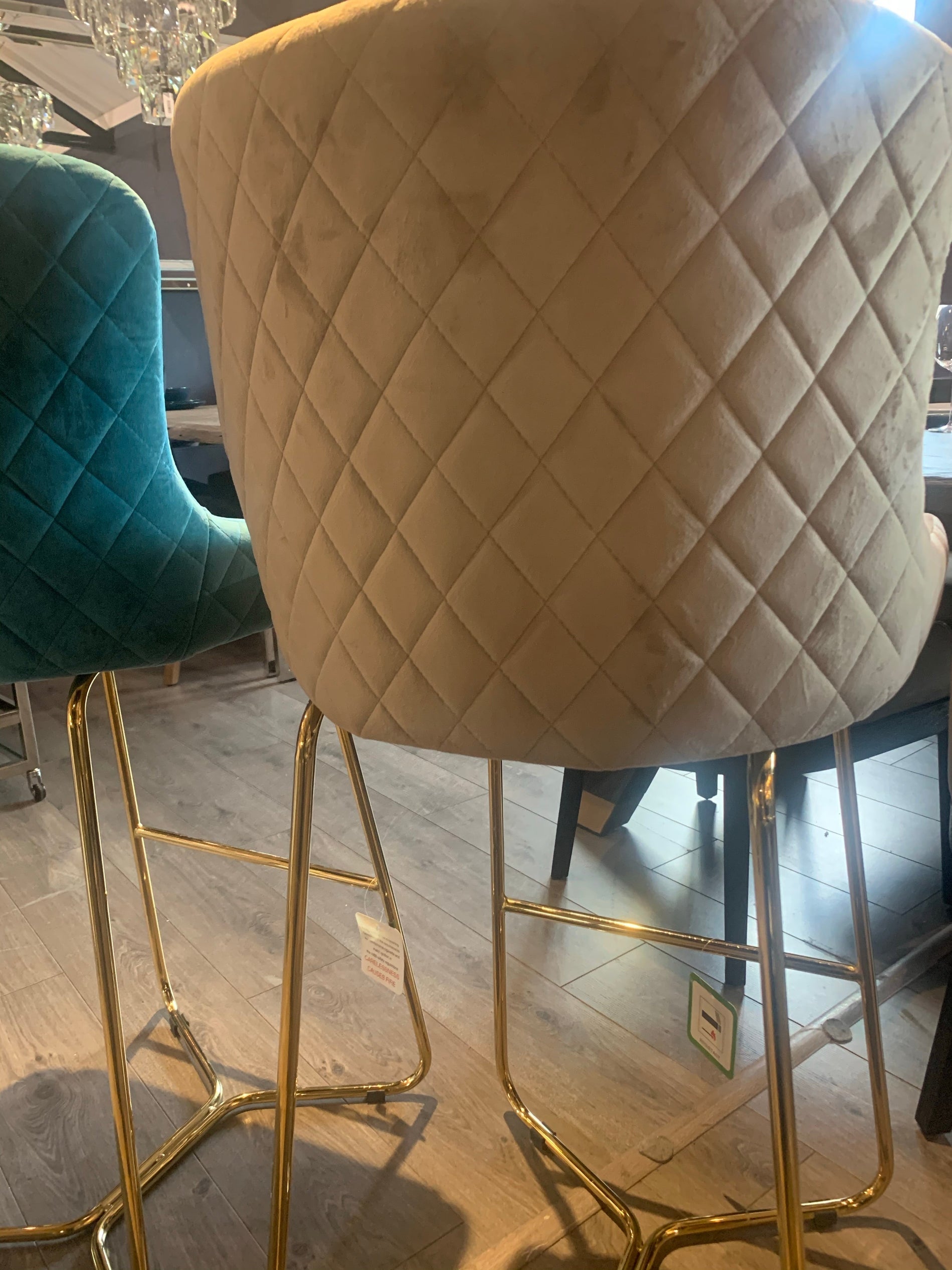 Crown Keri velvet bar stool with gold legs in mink or teal-Renaissance Design Studio