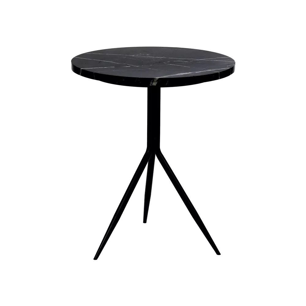 Denis side table in jet black with natural marble top-Renaissance Design Studio