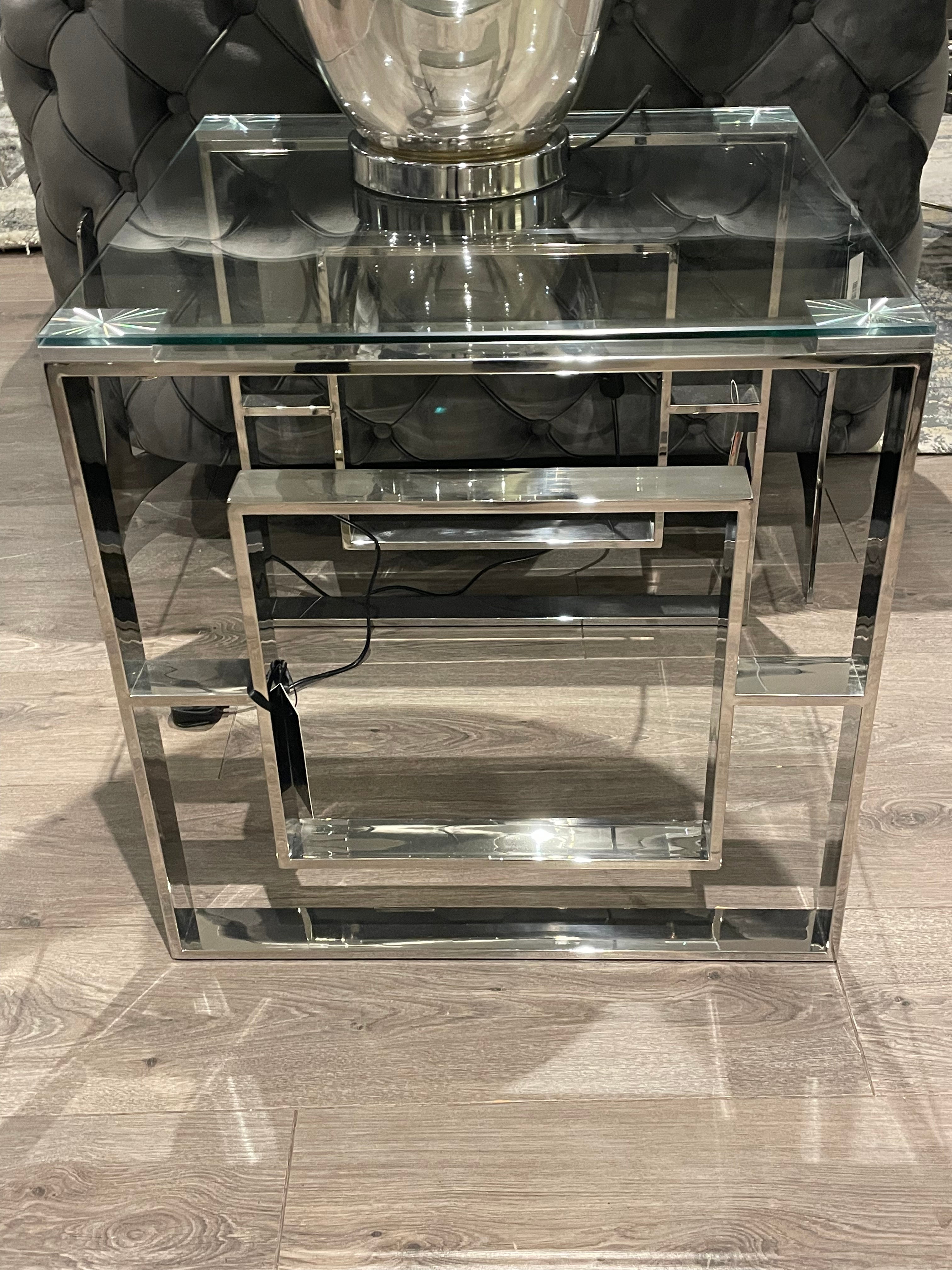 Destiny 1 side table in chrome and glass REDUCED.-Renaissance Design Studio