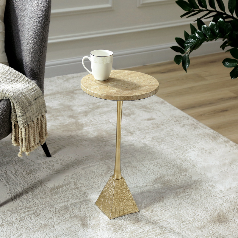 Ella Gold Metal Side table with travertine marble top-Renaissance Design Studio