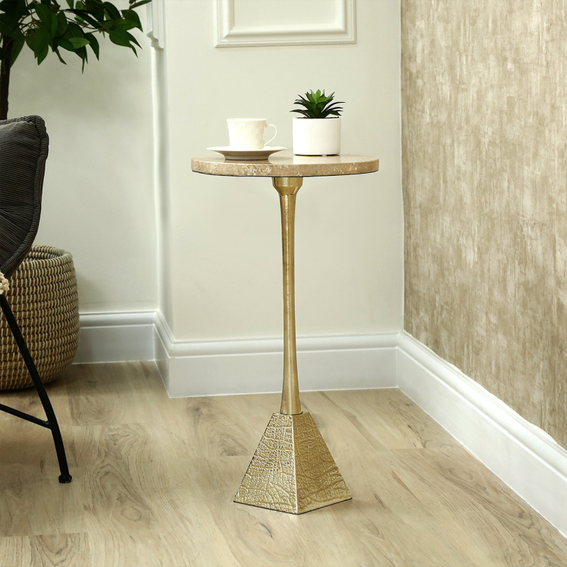 Ella Gold Metal Side table with travertine marble top-Renaissance Design Studio