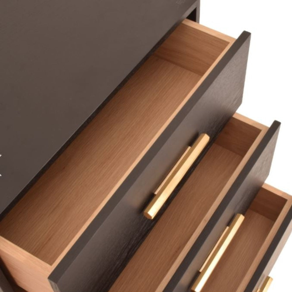 Everard 3 drawer bedside cabinet in brown black and brass-Renaissance Design Studio