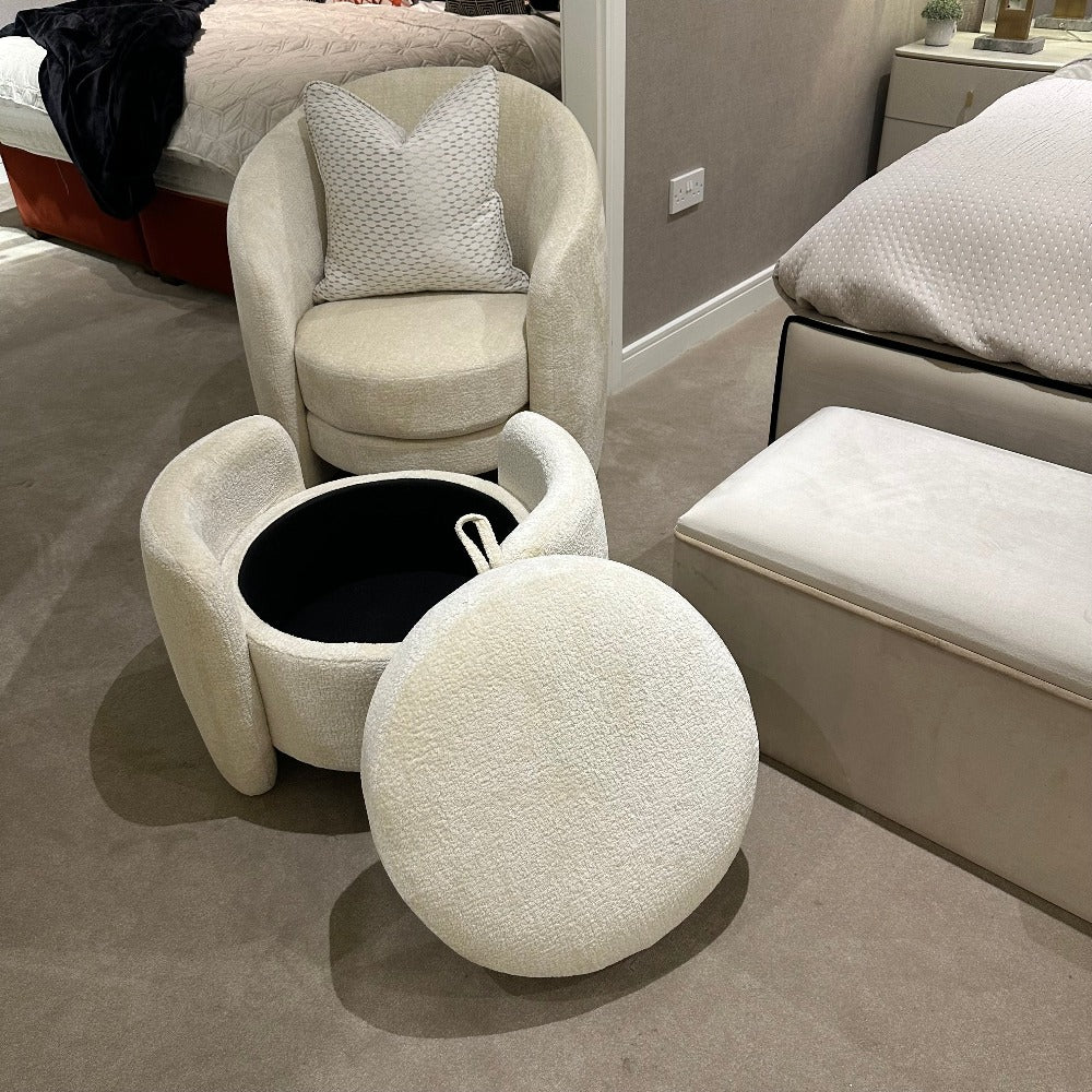 Fenna white armchair and pouffe on special offer. While stock lasts