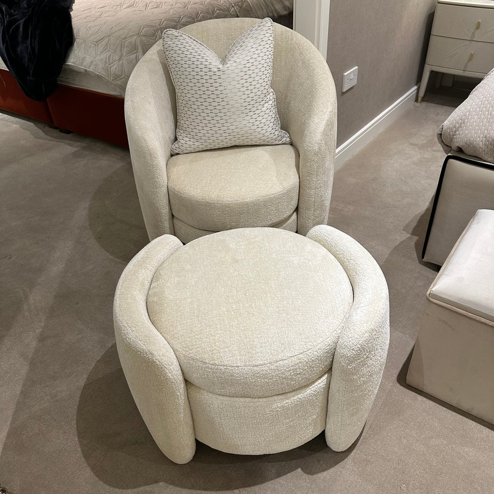 Fenna white armchair and pouffe on special offer. While stock lasts