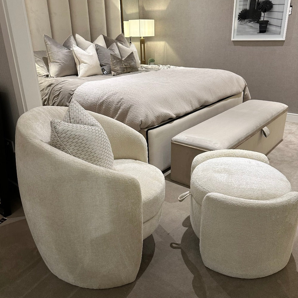 Fenna white armchair and pouffe on special offer. While stock lasts