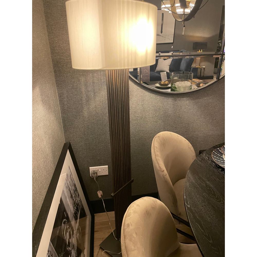 Gatsby Vienna Bronze Floor Lamp: Art deco antique brass base with linear stand and circular shade.