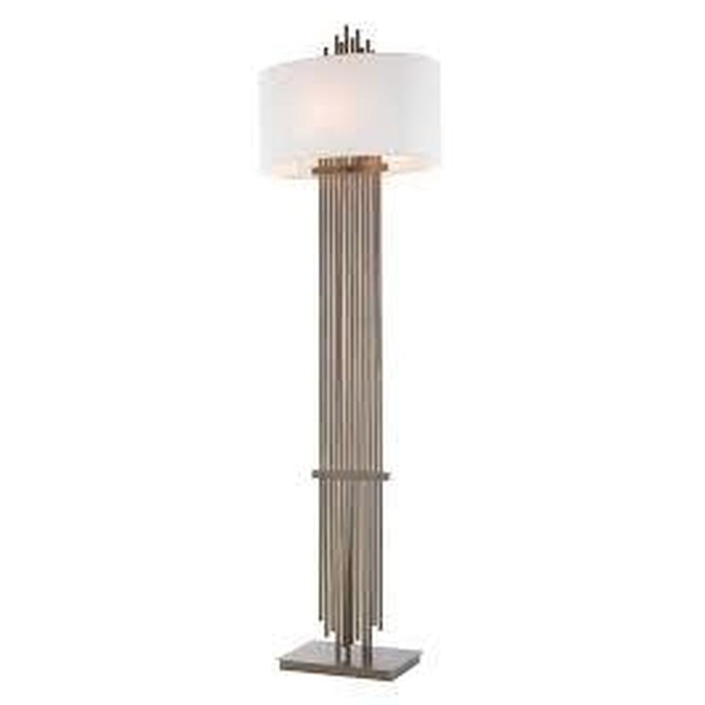 Gatsby Vienna bronze floor lamp with antique brass linear stand and white circular shade.