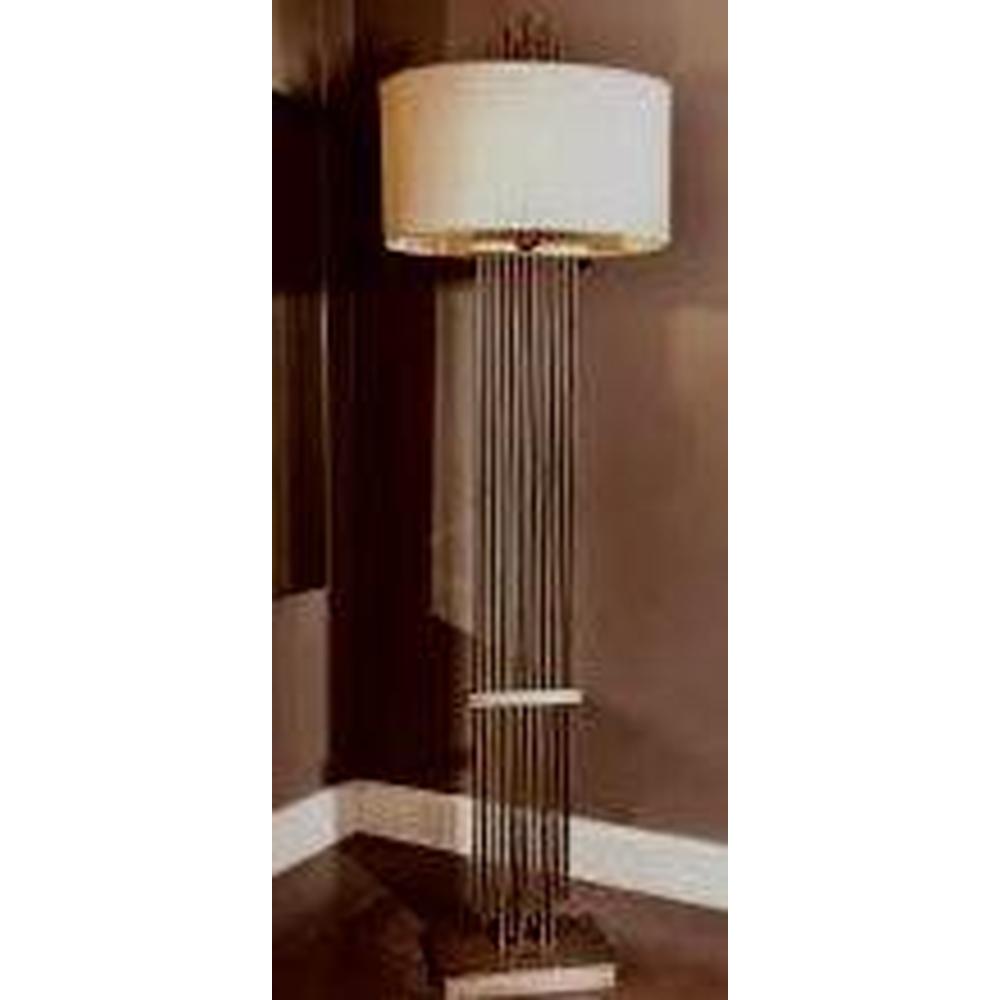 Gatsby Vienna bronze floor lamp with antique brass linear stand and circular white shade.