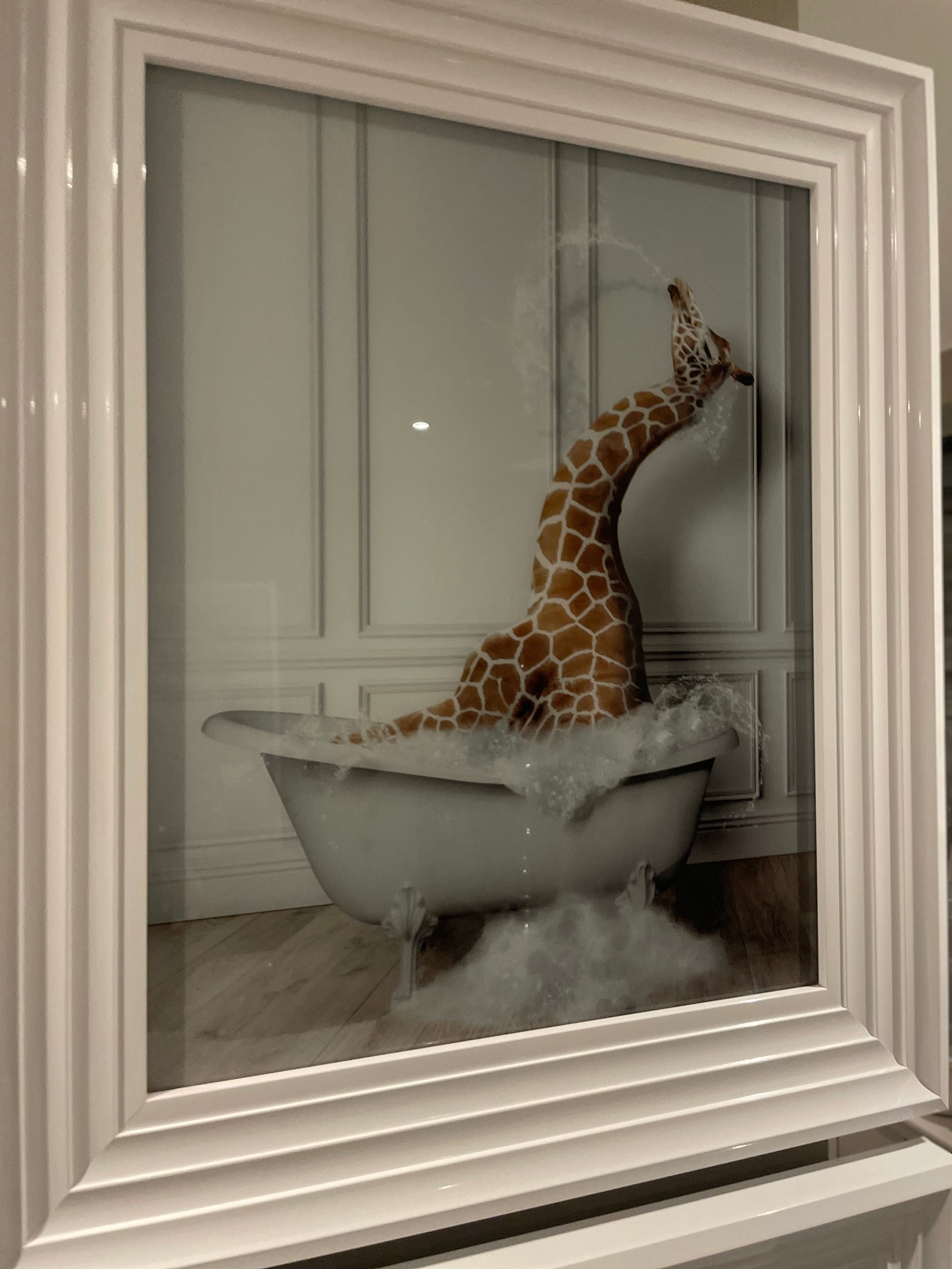 Giraffe in bath Medium framed art work-Renaissance Design Studio