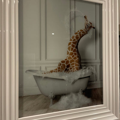 Giraffe  in bath Medium  framed art work