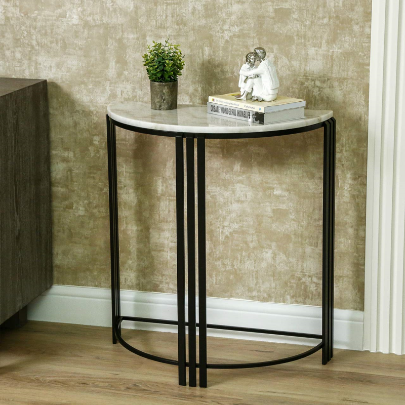 Half Moon console table 74 cm with marble top and black frame-Renaissance Design Studio