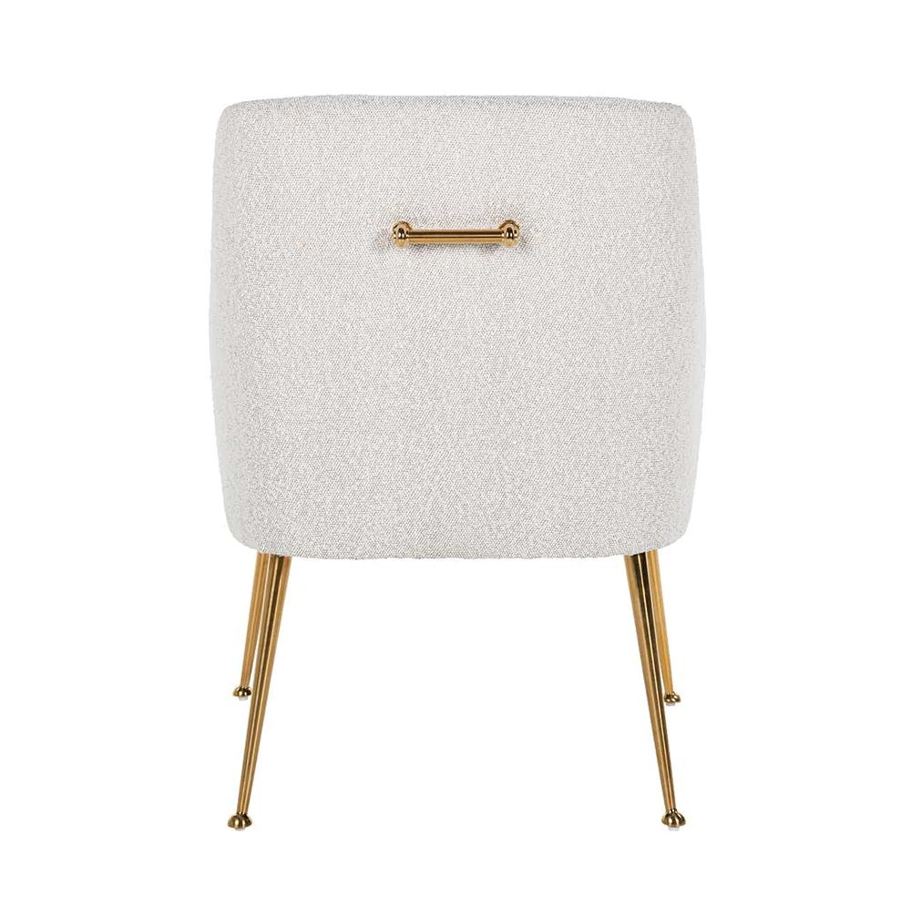 Harley Dining Chair, white boucle fabric with a gold handle and brushed gold stainless steel legs.