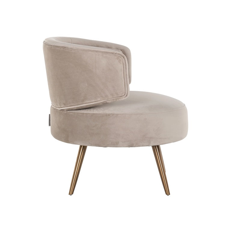 Harmony Occasional chair in khaki velvet with gold leg. Reduced-Renaissance Design Studio