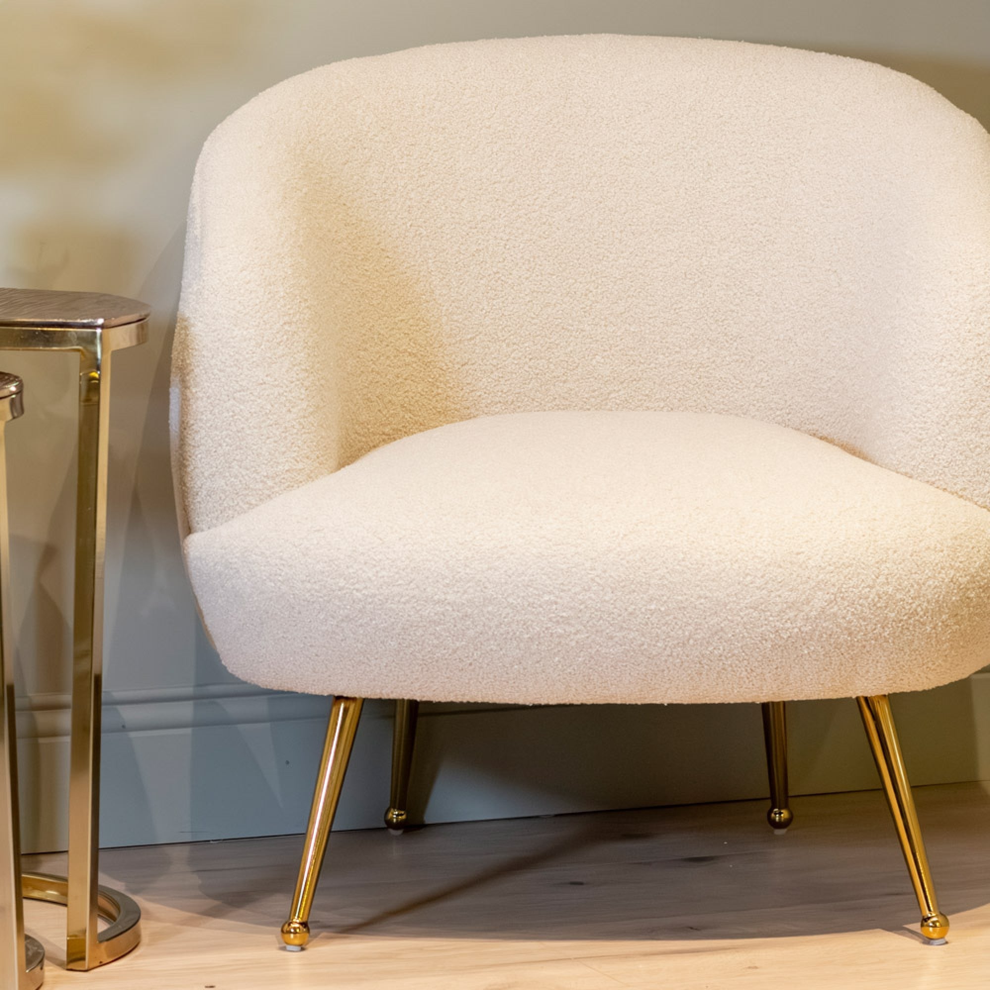 Hayley B occasional chair Boucle with gold leg Nett price as value item-Renaissance Design Studio