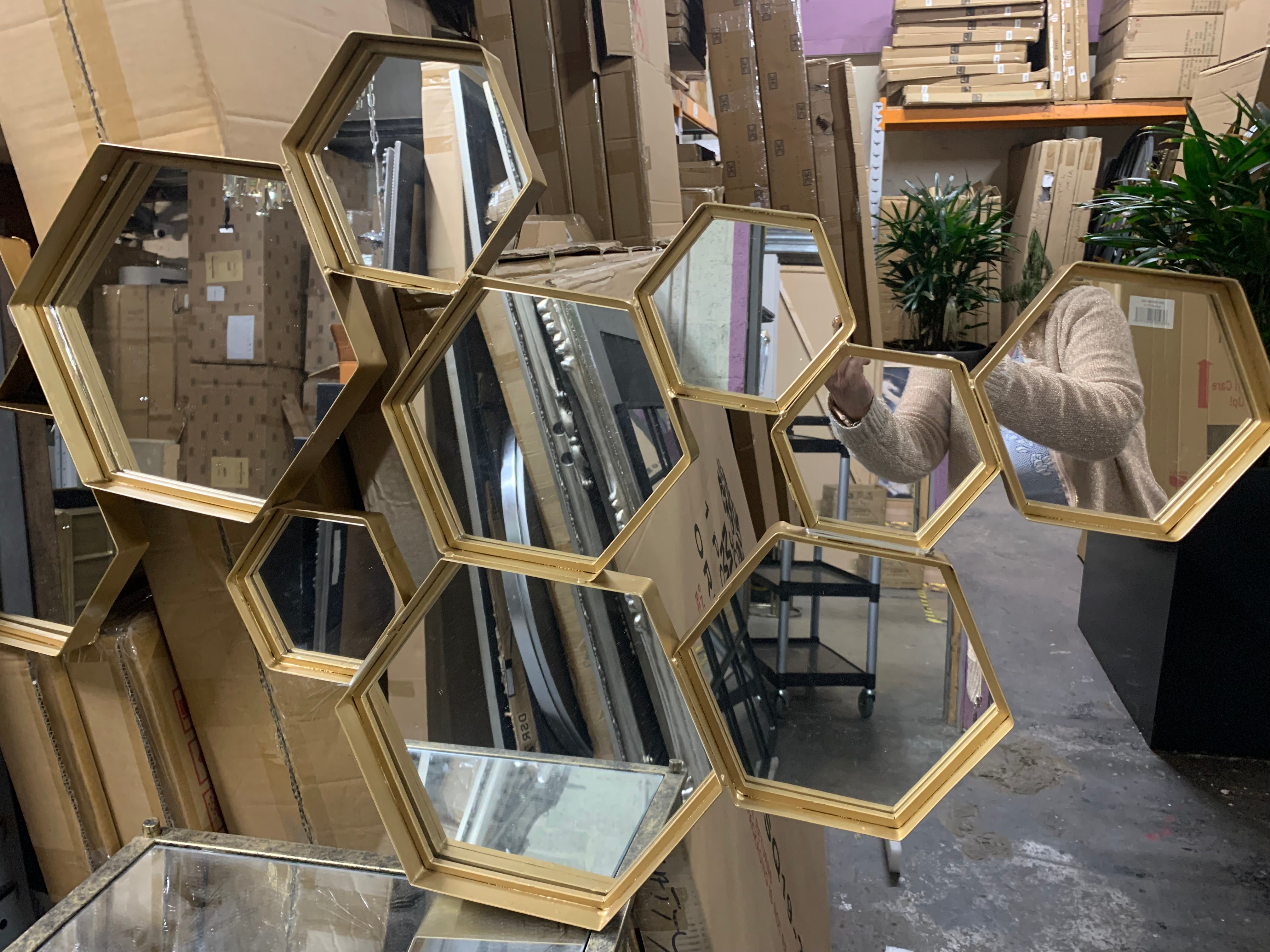 Hexagonal Mirror Gold available in outlet store to collect-Renaissance Design Studio