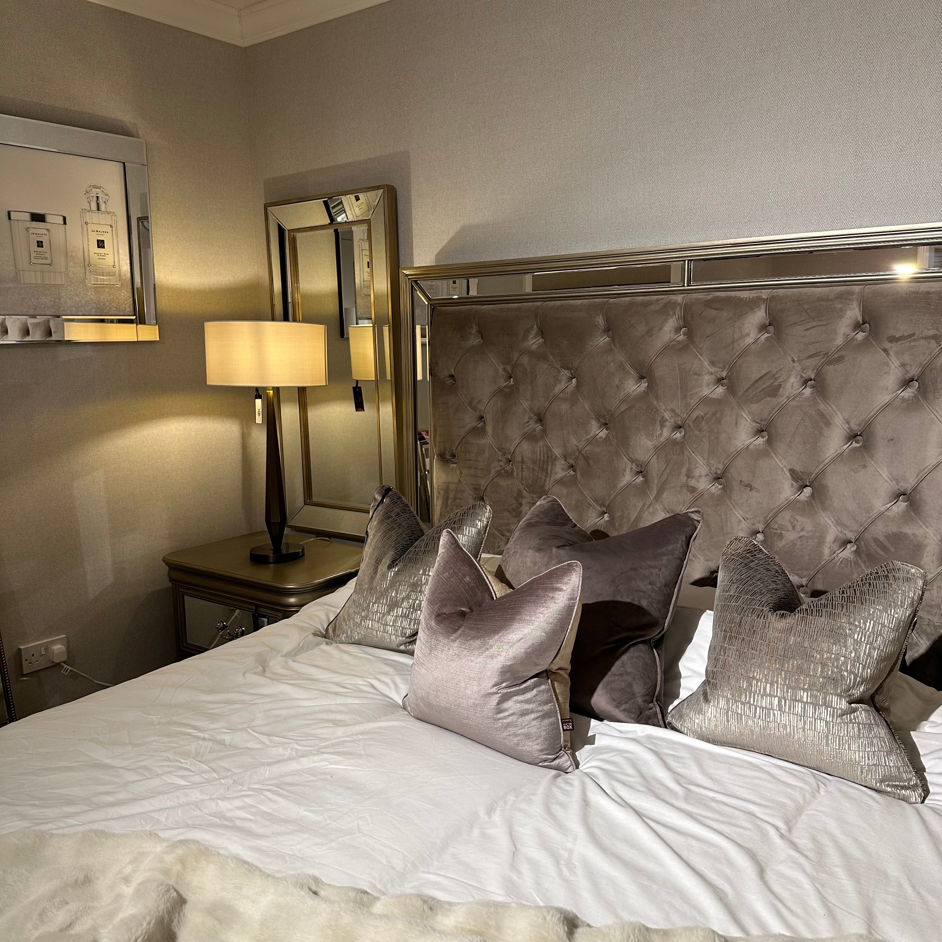 Jessica King 5 ft Bed in Taupe Velvet-Renaissance Design Studio