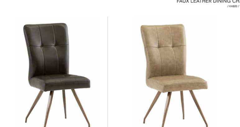 Kavanagh dining chairs w brass leg and faux leather taupe seats