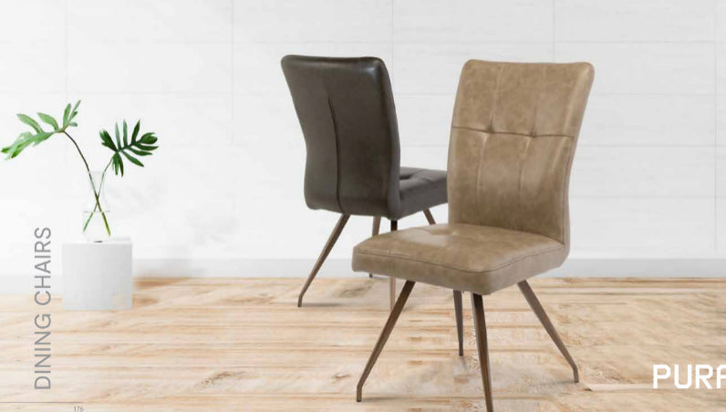 Kavanagh dining chairs w brass leg and faux leather taupe seats-Renaissance Design Studio