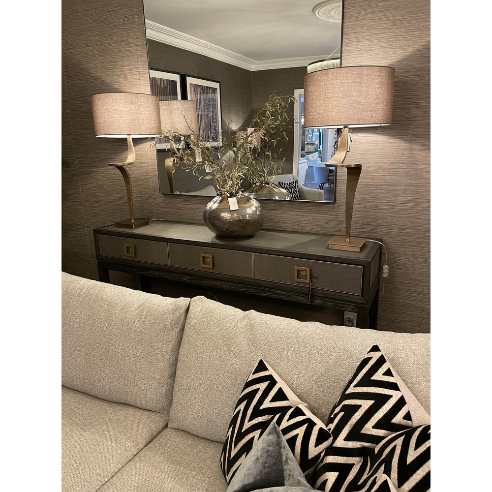 Kensington 3-drawer console table with faux shagreen top, black oak frame, and geometric gold handles.