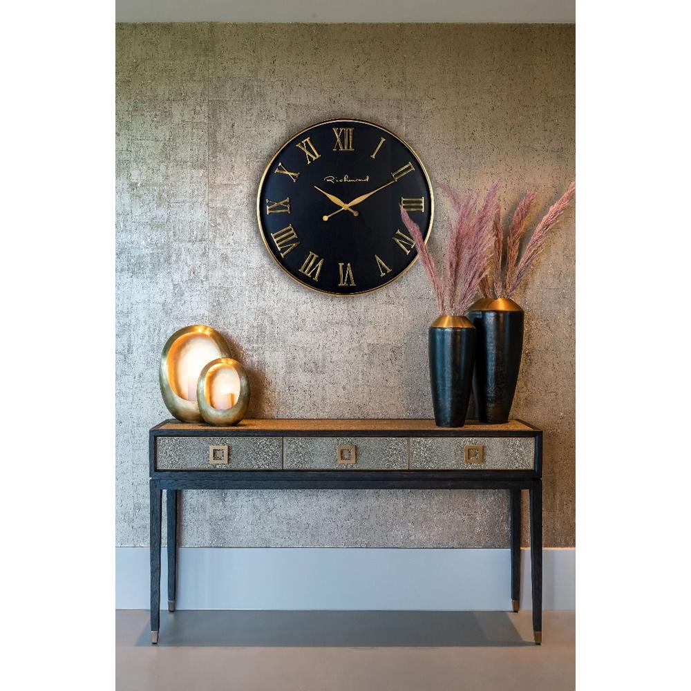 Black oak console table with three faux shagreen drawers and gold geometric handles.