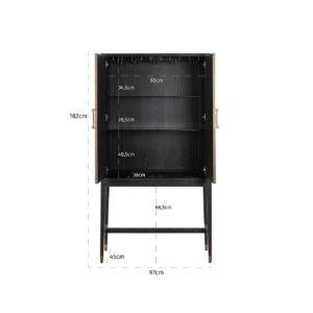 Kensington 2-door drinks cabinet with open doors, showing black interior shelves, wine glass rack, and dimensions.