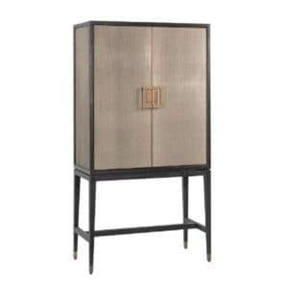 Kensington 2-door drinks cabinet in gold shagreen with black oak frame and gold hardware.